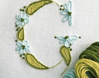 Crewel Embroidery Pattern DIY Pattern pdf Monogram G is for Garden instant download chartreuse flower embroidery kit