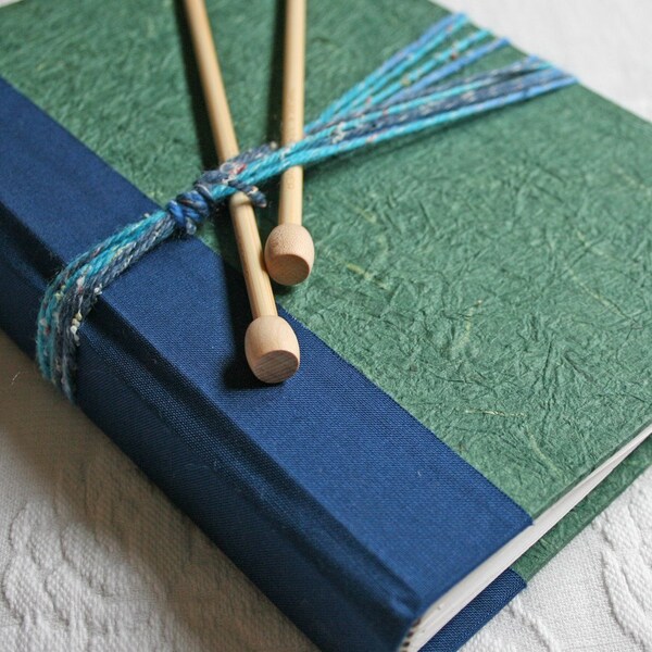 SALE Knitting Journal with Green Textured Cover and Cobalt Spine