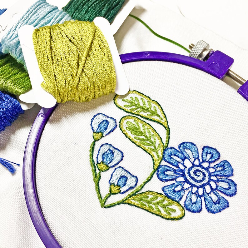 Blue Flower Embroidery Kit, Embroidery Pattern Kit, Pdf, Crewel