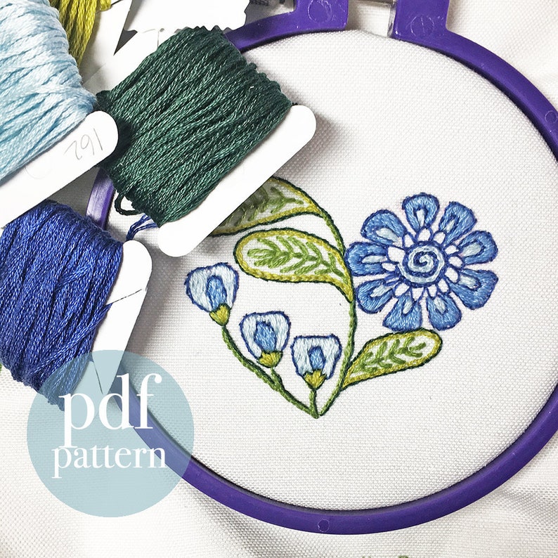 blue flower Embroidery Kit, Embroidery Pattern Kit, pdf, Crewel Embroidery flower heart digital pattern kit, instant download image 2