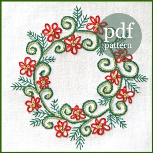 Christmas Embroidery, DIY Pattern, pdf, Christmas Wreath in Red and Green Christmas Crewel Embroidery digital download tutorial image 1