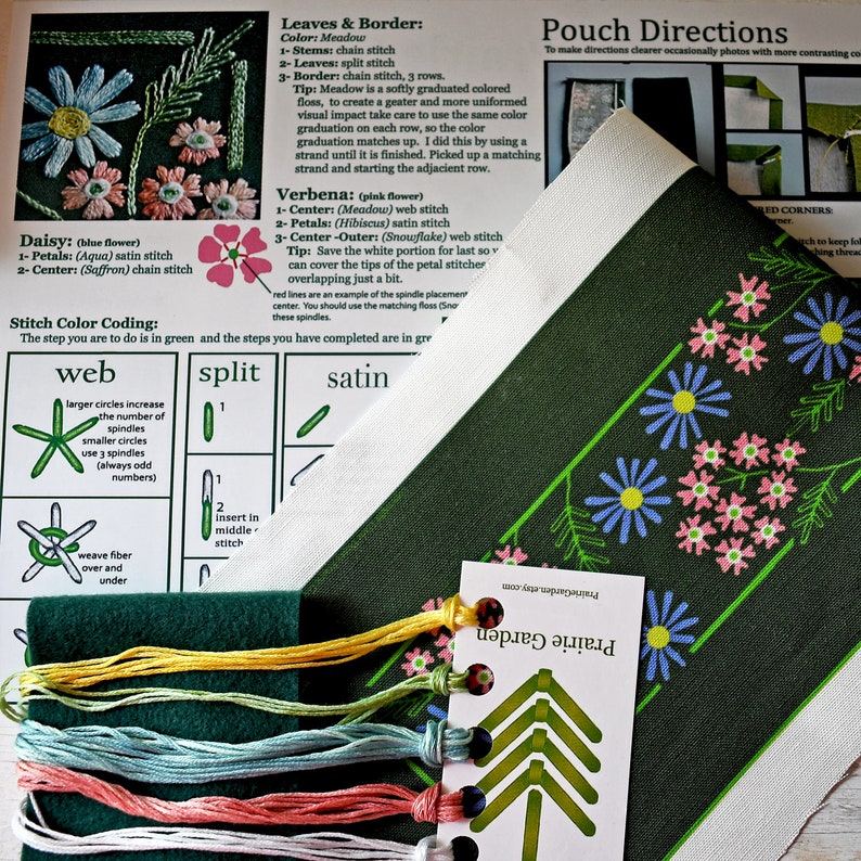 Embroidery Kit DIY Pouch Crewel Embroidery Pattern DIY Embroidery Kit Gift Bag verbena and daisy flowers on forest green jewelry storage image 6