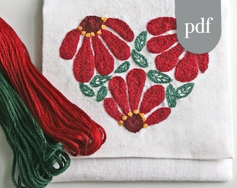 Christmas Embroidery, Crewel Embroidery Pattern,  DIY Pattern, pdf pattern,  Zinnia Heart, christmas Red and Green digital download tutorial