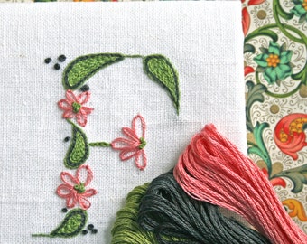 Crewel Embroidery Kit  DIY Pattern pdf  Monogram F is for Florentine instant download flower embroidery kit