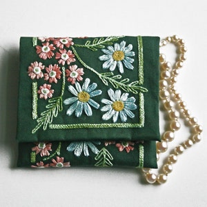 Embroidery Kit DIY Pouch Crewel Embroidery Pattern DIY Embroidery Kit Gift Bag verbena and daisy flowers on forest green jewelry storage image 1