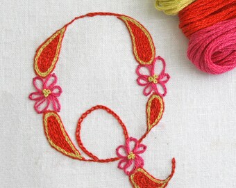 DIY pdf Crewel Embroidery Pattern Monogram Q in fiesta summer colors instant download tutorial ring bearer pillow christening gown