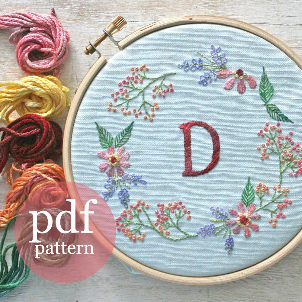 Crewel Embroidery Pattern DIY Embroidery Pattern Monogram Flower Wreath
