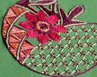 DIY Kit  Crewel Embroidery Kit pink anemone on green fall autumn chartreuse