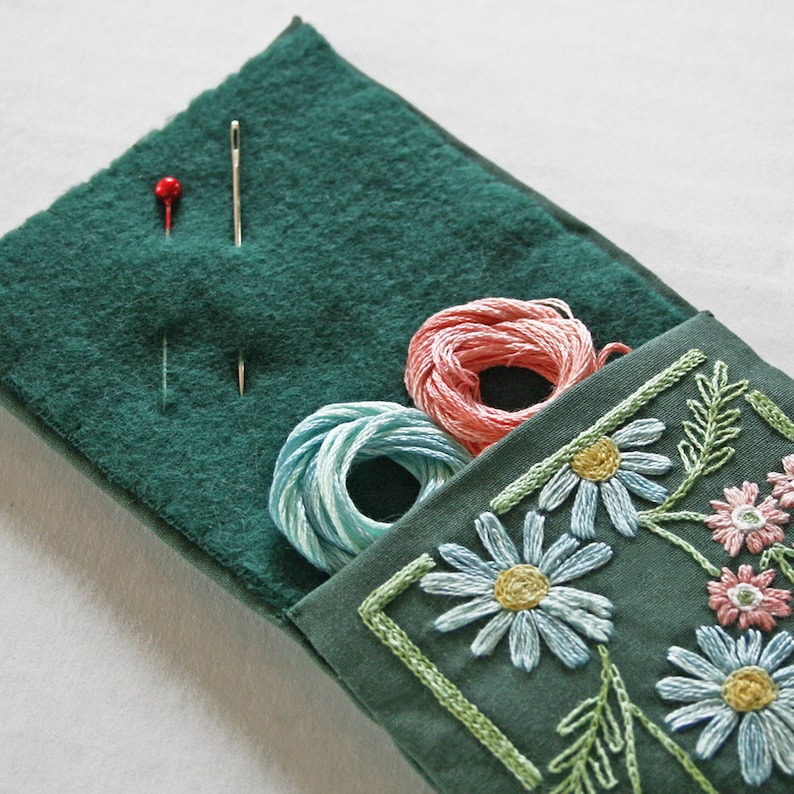 Embroidery Kit DIY Pouch Crewel Embroidery Pattern DIY Embroidery Kit Gift Bag verbena and daisy flowers on forest green jewelry storage image 3