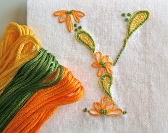 Crewel Embroidery Kit  DIY Pattern pdf n Monogram Y is for yellow instant download tutorial flower embroidery kit