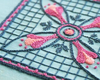 Crewel Embroidery Kit Pattern DIY pink on blue trellis flower embroidery kit