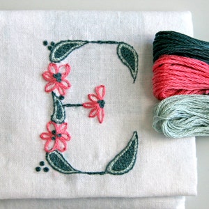 Embroidery Kit,  DIY Pattern pdf  monogram, Crewel Embroidery Kit, Monogram E instant download teal  ring bearer pillow christening gown