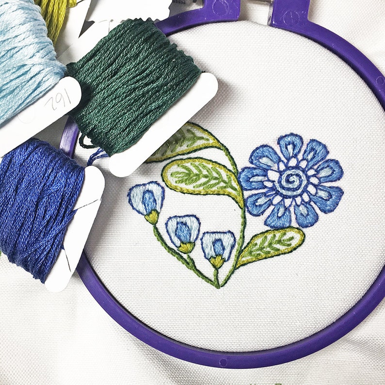 blue flower Embroidery Kit, Embroidery Pattern Kit, pdf, Crewel Embroidery flower heart digital pattern kit, instant download image 4