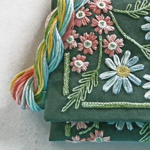 Embroidery Kit DIY Pouch Crewel Embroidery Pattern DIY Embroidery Kit Gift Bag verbena and daisy flowers on forest green jewelry storage image 2