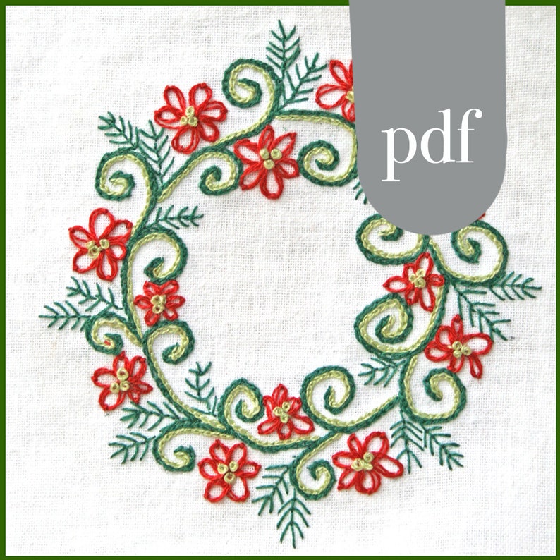 Christmas Embroidery, DIY Pattern, pdf, Christmas Wreath in Red and Green Christmas Crewel Embroidery digital download tutorial image 6