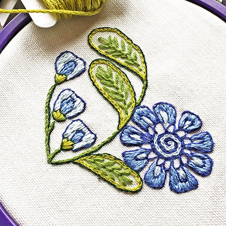 blue flower Embroidery Kit, Embroidery Pattern Kit, pdf, Crewel Embroidery flower heart digital pattern kit, instant download image 3