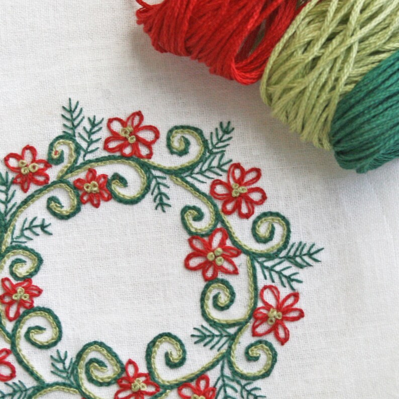 Christmas Embroidery, DIY Pattern, pdf, Christmas Wreath in Red and Green Christmas Crewel Embroidery digital download tutorial image 2