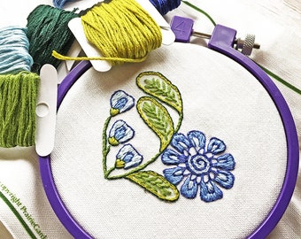 blue flower Embroidery Kit, Embroidery Pattern Kit, pdf, Crewel Embroidery flower heart digital pattern kit, instant download