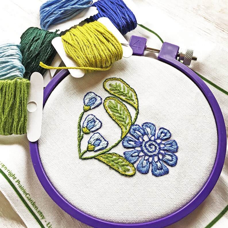 blue flower Embroidery Kit, Embroidery Pattern Kit, pdf, Crewel Embroidery flower heart digital pattern kit, instant download image 1