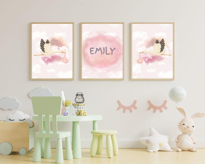 Editable Baby Name Nursery Wall Art Set | Stork Baby Girl Print | Pink ...