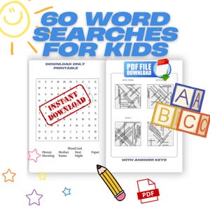 Kids Word Search Downloads for School Learning - 60 Wight Word Searches - Digital Download File