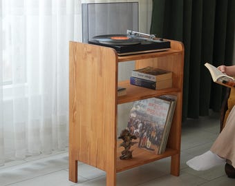 Mid Century Modern Record Player Stand – Solid Pine Wood Vinyl Storage
