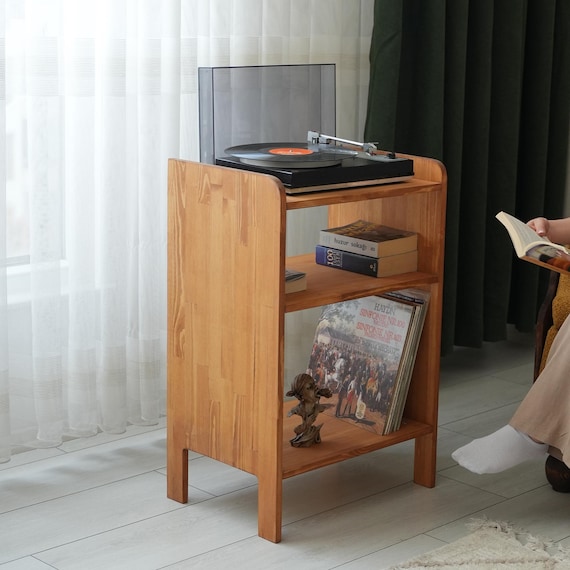 Mid Century Modern Record Player Stand – Solid Pine Wood Vinyl Storage