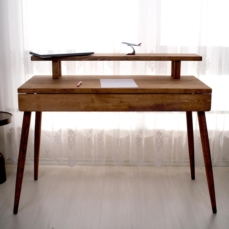 Solid Pine Wood Desk, Modern Minimalist Monitor Stand, Sustainable Home Office Furniture