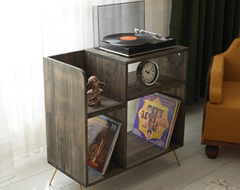 Mid Century Modern Vinyl Record Storage Cabinet, Solid Pine Wood