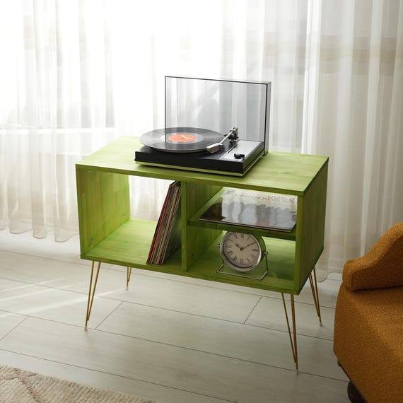 Handmade Rustic Green Vinyl Record Player Table, Mid Century Modern Turntable Cabinet