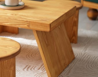 Handmade Japandi Kotatsu Table with Stool: Solid Pine Low Coffee Table