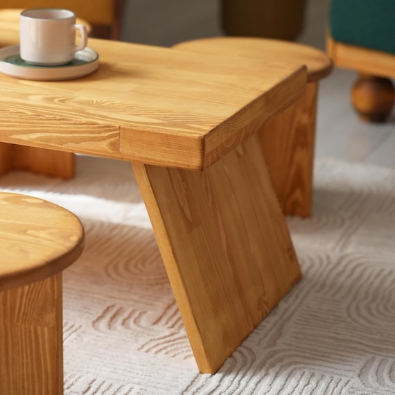 Handmade Japandi Kotatsu Table With Stool: Solid Pine Low Coffee