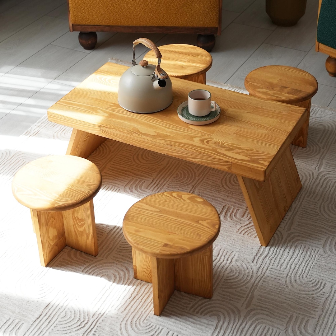 Tavolo Kotatsu Japandi fatto a mano con sgabello: tavolino basso