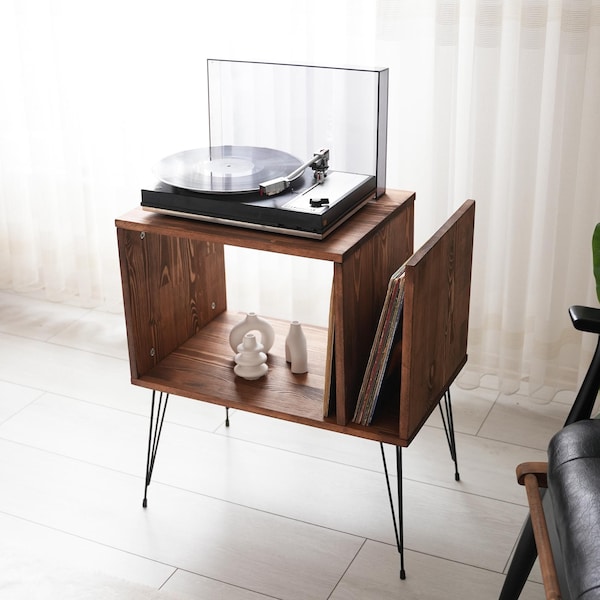 Handmade Solid Pine Turntable Stand with Record Storage