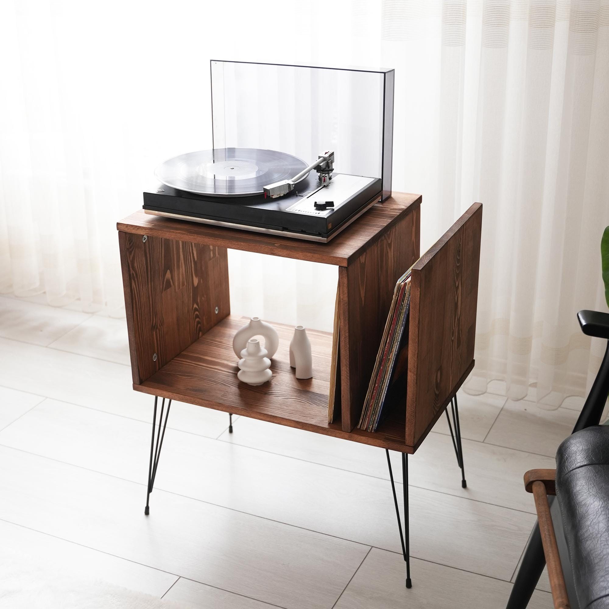 レコードテーブル　ハイテーブル　レーザーディスク　スピーカースタンドカスタム レコード収納機能付き手作りパイン無垢材ターンテーブルスタンド