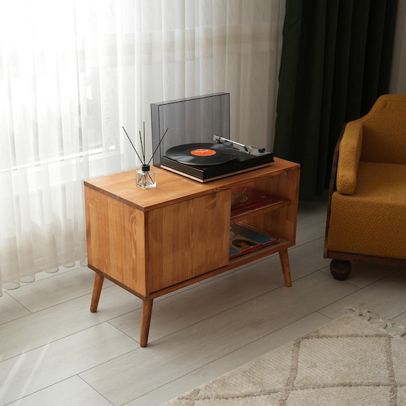 Handmade Mid Century Modern Vinyl Record Player Stand, Pine Media Cabinet