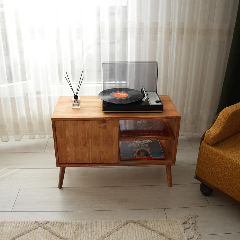 Mcm Vinyl Player Stand, Record Player Table With Storage, Mcm Record Cabinet, Vinyl Storage Unit, Mid Century Media Cabinet