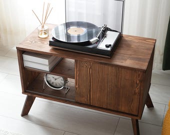 Large Record Player Stand, Mcm Turntable Stand, Solid Wood Vinyl Record Storage, Mid Century Modern Record Player Table