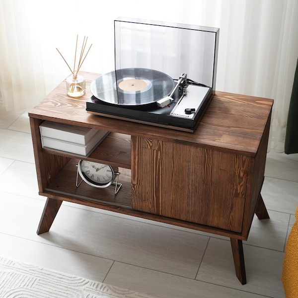 Solid Pine Wood Record Player Stand, Mid Century Modern Vinyl Storage