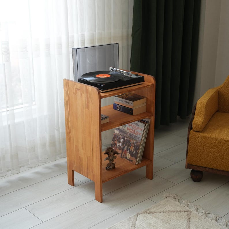 Side view of a slim profile Record Player Stand, minimalist furniture design for small apartments and vinyl collectors