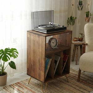 Può includere: Un mobile per giradischi in legno marrone scuro con gambe a forcina dorate. Il mobile ha un ripiano con un orologio e album di dischi. Un giradischi nero è in cima. Il mobile è in una stanza con un tappeto e piante.
