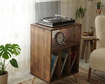 Handmade Walnut Record Player Stand, MCM Media Console with Storage