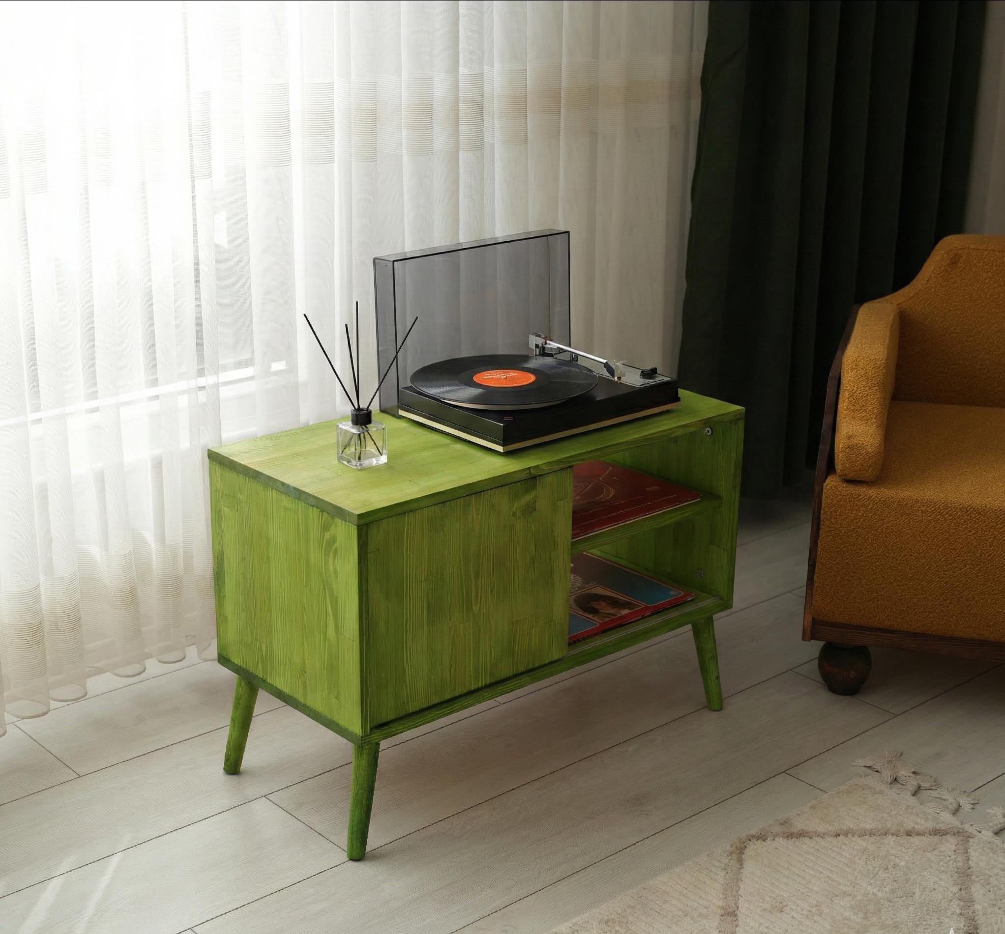 Mid Century Green Record Player Stand – Wooden Turntable With