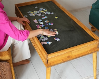 Rustic Puzzle Coffee Table With Removable Glass Top, Display Case Glass Table, Word Game Table, Board Game Table