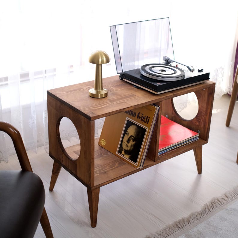 Record Player Table with storage, Vinyl Record Storage, Mid Century Media Cabinet