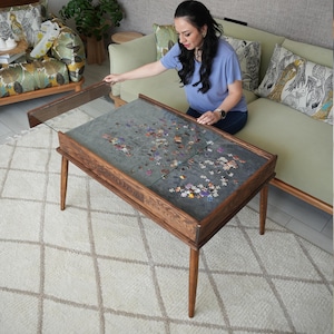 Rustic Puzzle Coffee Table with Drawers, Board Game Table with Removable Tempered Glass