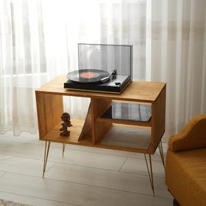 Pine Record Player Stand, Turntable Console Table with LP Storage, Ideal Gift for Music Lovers, Boho or Minimalist Homes