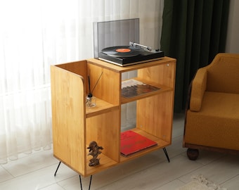 Supporto per giradischi in legno in stile moderno di metà secolo: mobiletto portavinili, postazione giradischi, scaffale per dischi