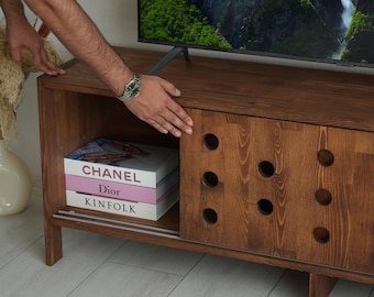Handmade Mid-Century Modern Pine Wood TV Stand: Media Console Credenza