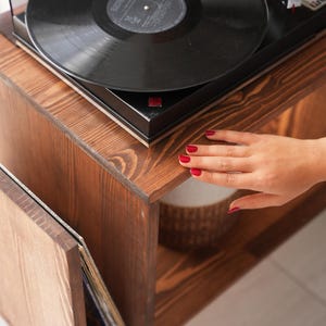 Rustic Record Player Station, Solid Wood Vinyl Record Storage, Large Turntable Stand